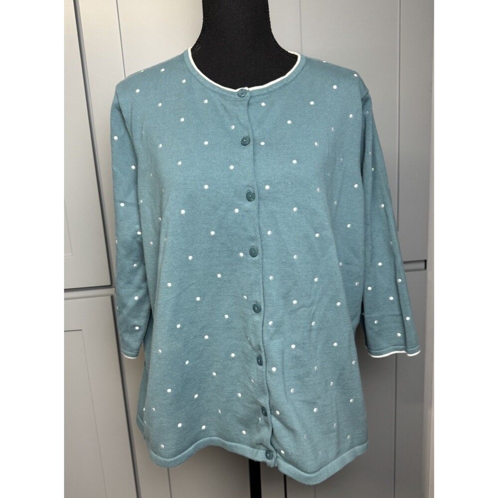 Womens XL Sweater Palette Green Sage Polka‎ Dot 100% Cotton 3/4 Sleeve Cardigan